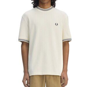 Fred Perry Men's Short Sleeve Ribbed Jersey Crew Tee Shirt M8679 Cotton Ecru L